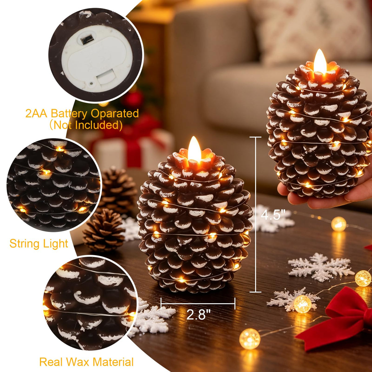 Pine Cone Flameless Candles with 6H Timer String Lights (2-White with string)