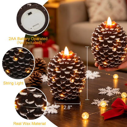 Pine Cone Flameless Candles with 6H Timer String Lights (2-White with string)