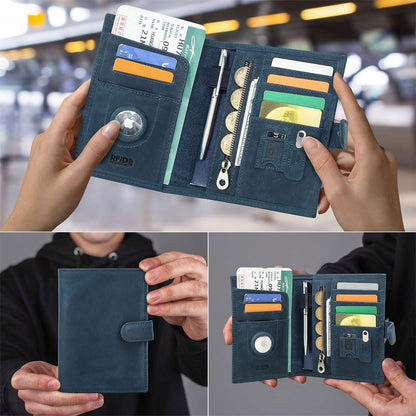 Full Grain Leather Passport Holder Compatible with Airtag RFID Blocking Passport Wallet Travel Slim Passport Cover with SIM Card Removal Tool (Blue / Plain- Snap)