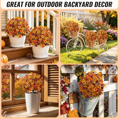 4Pcs Artificial Fall Ball Flowers for Outdoors (Orange Yellow Brown)