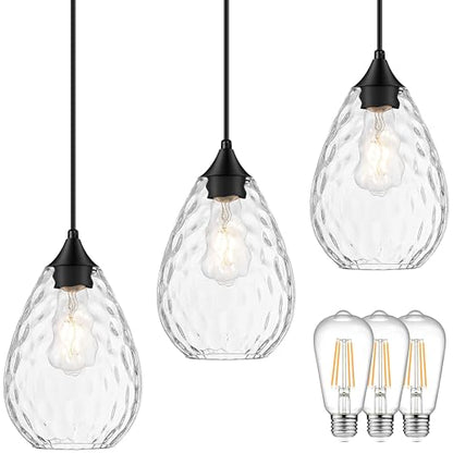 Glass Pendant Lights Kitchen Island 6" Pendant Light Fixtures Hammered Clear Glass Height Adjustable Modern Hanging Pendant Lights for Dining Room