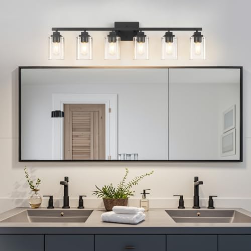 Matte Black Bathroom Light Fixtures (Black-Clear Shade / 6-Light)