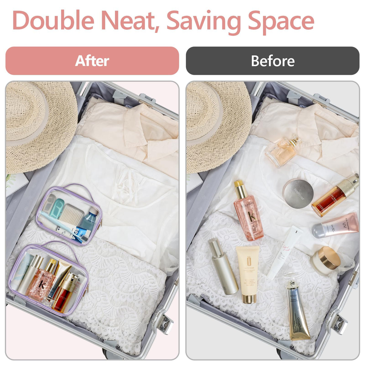 Clear Makeup Bag Travel (2 Pack Glitter Textured Purple / Hybrid Traveler (1 Large & 1 Medium - Soft))