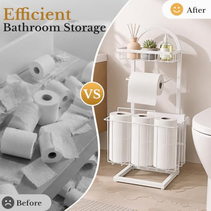 Toilet Paper Holder Stand Freestanding with Storage Basket for Bathroom (White)