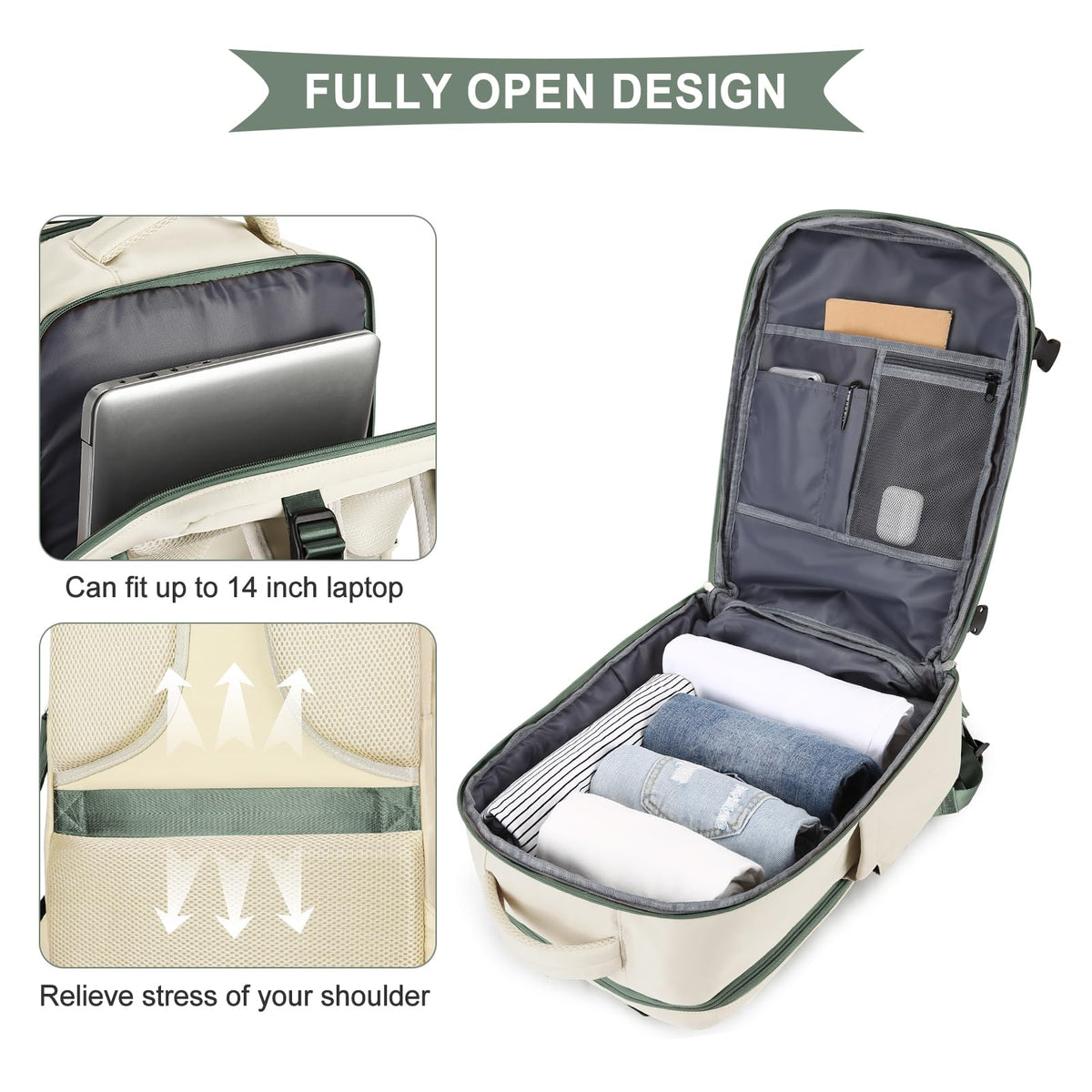 Large Travel Backpack for Women Men (White Green / 30 liters)