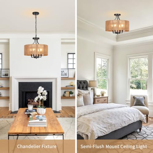 2-in-1 Convertible Rattan Boho Chandelier Pendant Light Fixture for Dining Room Bedroom Living Room