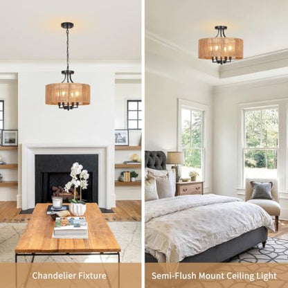 2-in-1 Convertible Rattan Boho Chandelier Pendant Light Fixture for Dining Room Bedroom Living Room