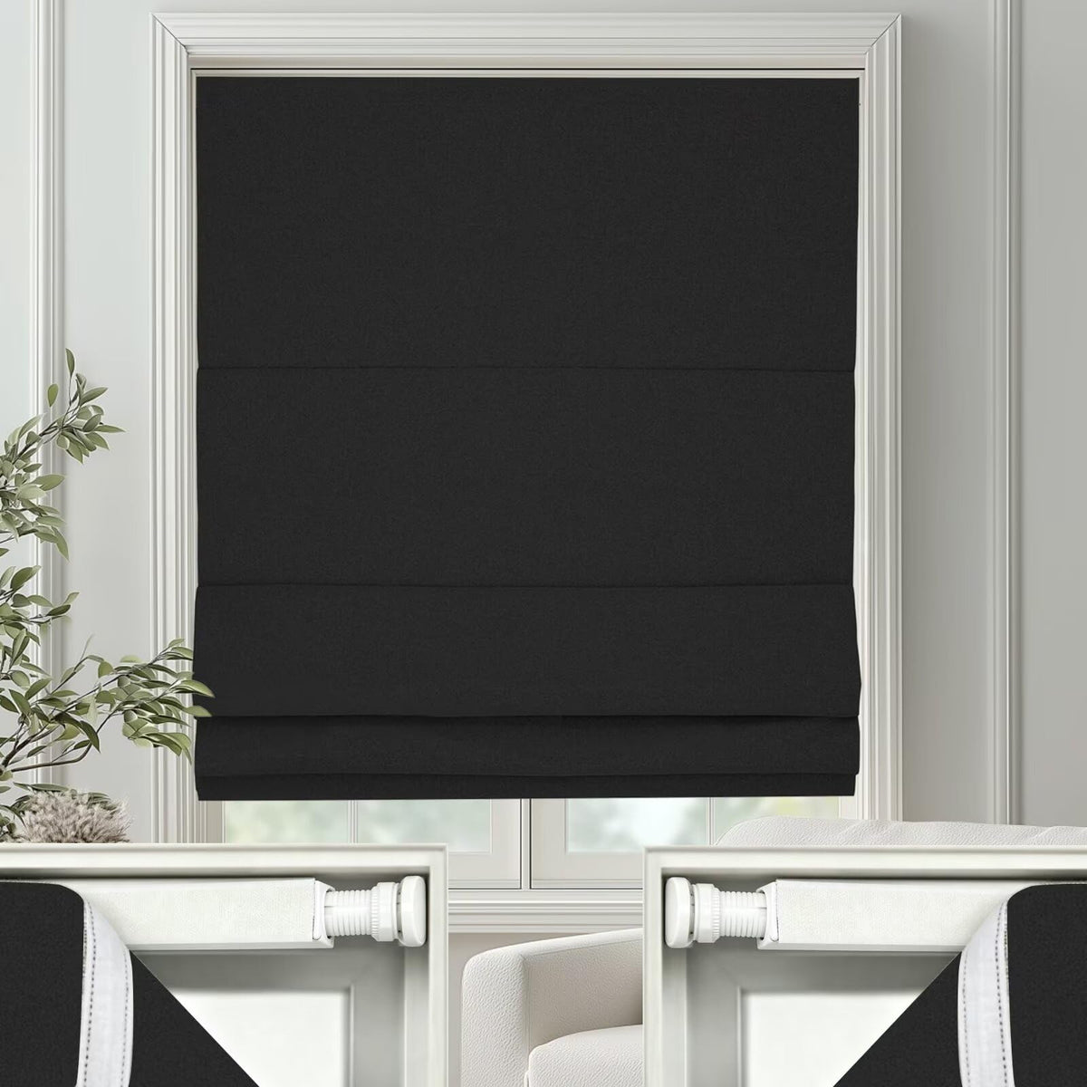No Drill Roman Shades Cordless Blinds Blackout for Indoor Windows (Black / 30"W x 64"H)