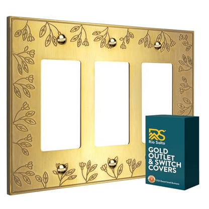 Decorative 3 Light Switch Cover Triple Rocker Switch Plate Outlet Covers Brushed Gold Premium Metal Wall Plate Covers (Brushed Gold / Rocker 3-Gang)