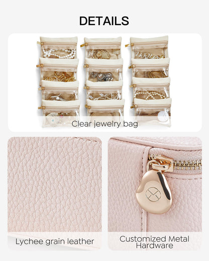 Jewelry Travel Case with 12 Clear Velvet Zipper Pouches (G.12 PCS Pink)