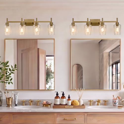 4 Light Bathroom Vanity Light Modern with Hammered Glass Shade (Gold / 4 Lights)