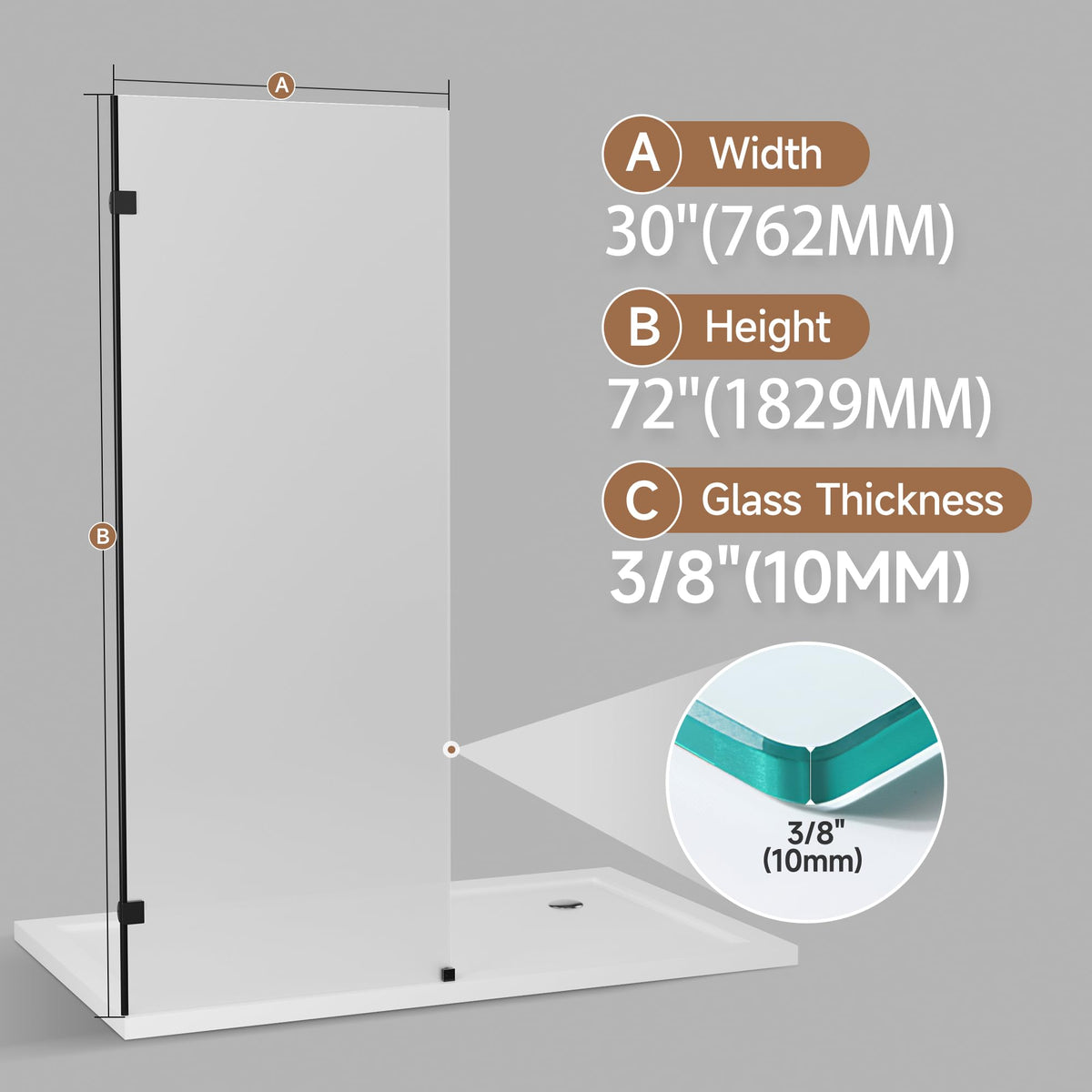 Glass Shower Door (Matte Black - Frosted / 30"W x 72"H - 10mm)