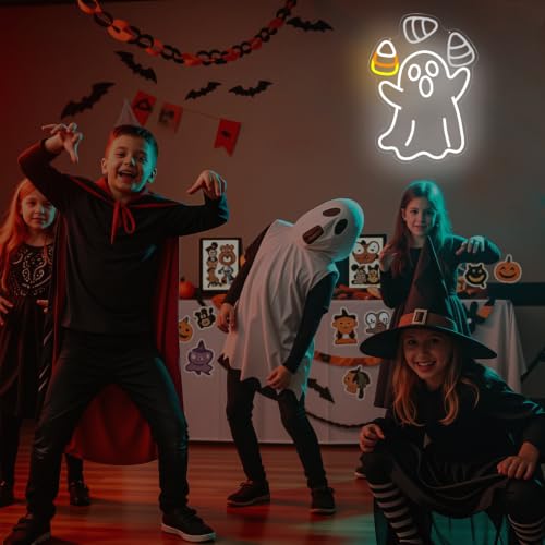 Juggling Ghost Halloween Neon Sign Animated Dimmable LED Halloween Decor (Ghost Corn)