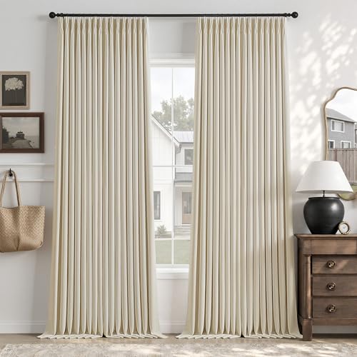 Beige Cream Linen Blackout 96 Inch Curtains for Living Room 2 Panels Set Pinch Pleated Back Tab Drapes Farmhouse Thermal Insulated Full Black Out Curtains 96 Length High Ceiling to Floor 50 Inch Wide (Cream Beige / 50"W x 96"L (Pack of 2))