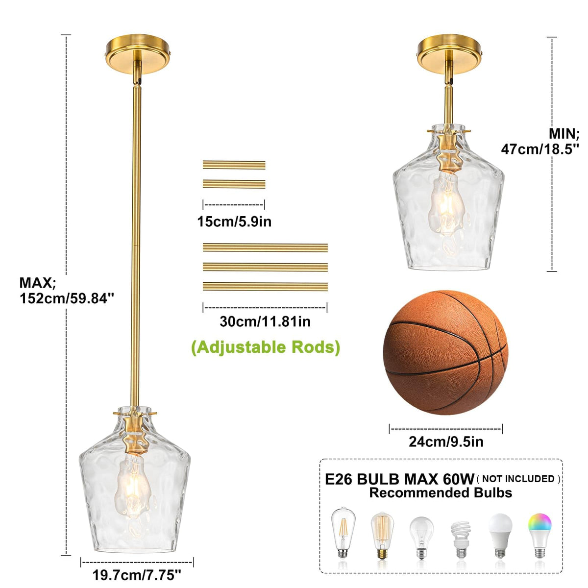Modern Hammered Glass Pendant Lighting for Kitchen Island (Gold-Rods / 7.75")