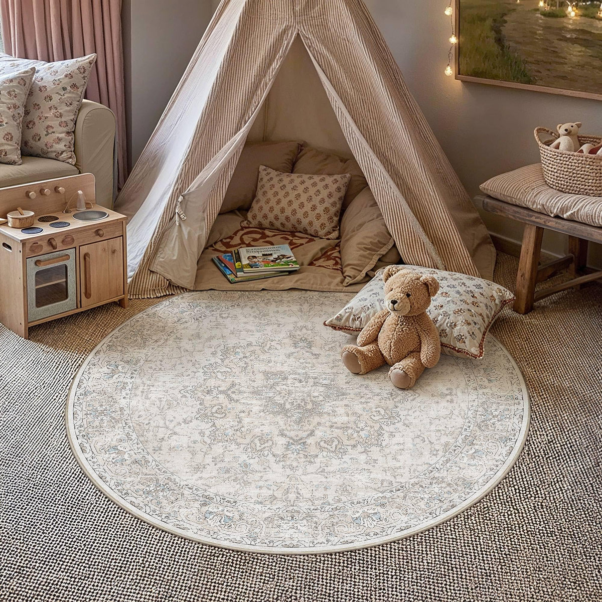 Beige Round Rugs 4x4 Washable Rug Indoor Carpet (Multi Beige / 4' (Round))
