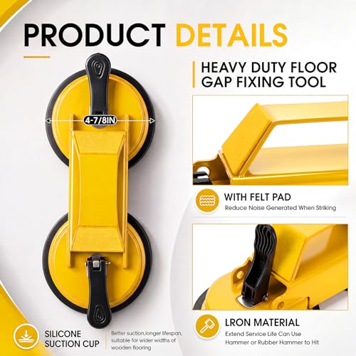 Floor Gap Fixer Tool Heavy Duty 45°Striking Surface Floor Gap Repair Tool Kit Iron Reinforced Suction Cup with Hammer Gloves and Sticky Pads for for Closing Gaps (Yellow)