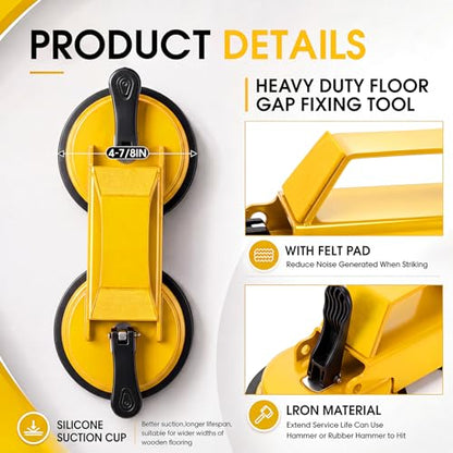 Floor Gap Fixer Tool Heavy Duty 45°Striking Surface Floor Gap Repair Tool Kit Iron Reinforced Suction Cup with Hammer Gloves and Sticky Pads for for Closing Gaps (Yellow)