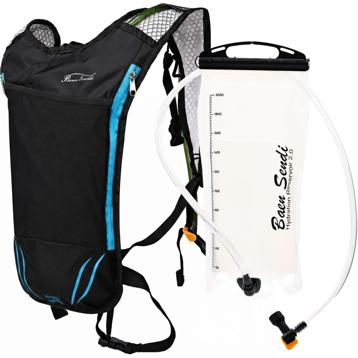 2 Pack Hydration Pack with 2L Backpack Water Bladder (Black with Blue Zipper (1 Pack))