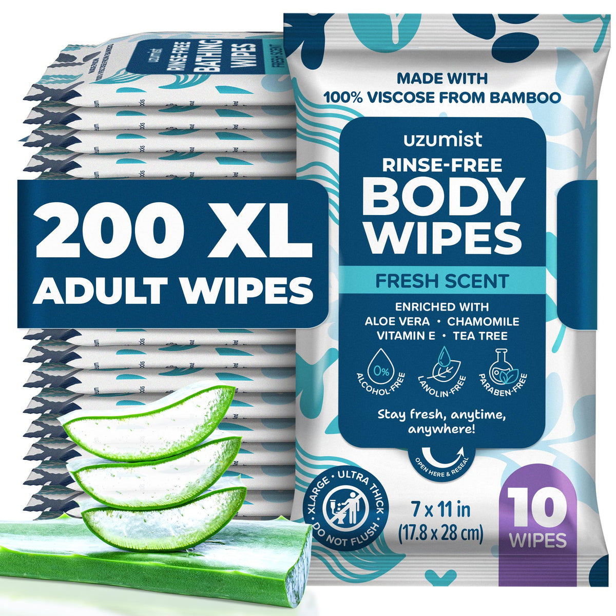 Bath Body Wipes For Adults Bathing No Rinse (200 Pack)