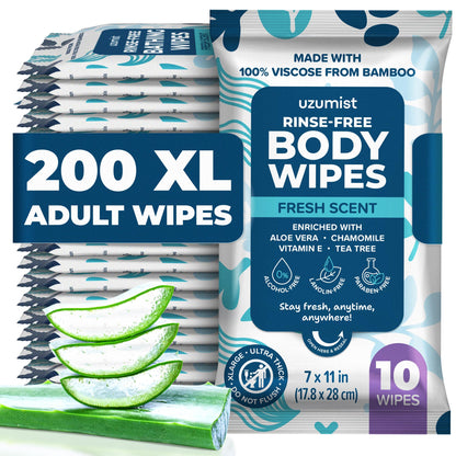 Bath Body Wipes For Adults Bathing No Rinse (200 Pack)
