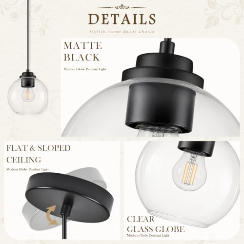 6" Globe Pendant Light 2 Pack Pendant Lights Kitchen Island Black Clear Glass Pendant Lights Height Adjustable Mid Century Modern Light Fixture for Dining Room Bedroom Foyer Bulbs Incl (Black & Clear Glass / 6 Inch)