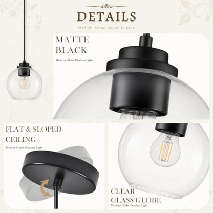 6" Globe Pendant Light 2 Pack Pendant Lights Kitchen Island Black Clear Glass Pendant Lights Height Adjustable Mid Century Modern Light Fixture for Dining Room Bedroom Foyer Bulbs Incl (Black & Clear Glass / 6 Inch)