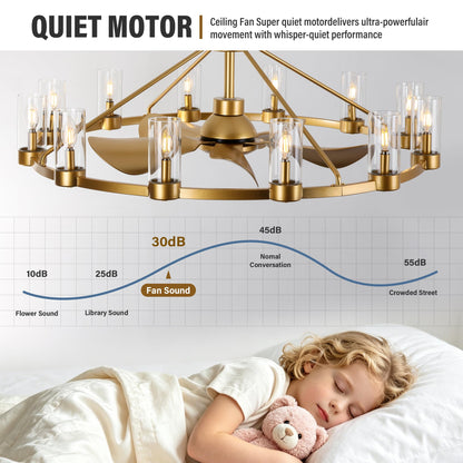 44" Wagon Wheel Chandelier Ceiling Fan with 12 Lights (Gold)