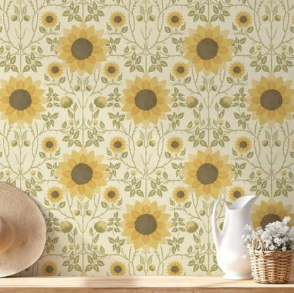 Vintage Sunflower Peel and Stick Wallpaper Boho Floral Removable Wallpaper Yellow Green Flower Contact Paper Waterproof Self‑Adhesive Wall Papaer for Bedroom Living Room Decor 17.3" x 196.8" (Yellow / 17.3" x 196.8")