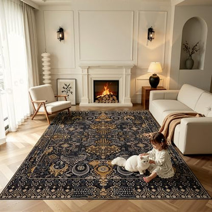 Washable Area Rug 8×10 Ultra Soft for Living Room (Black and Gold / 8' x 10' (Rectangular))