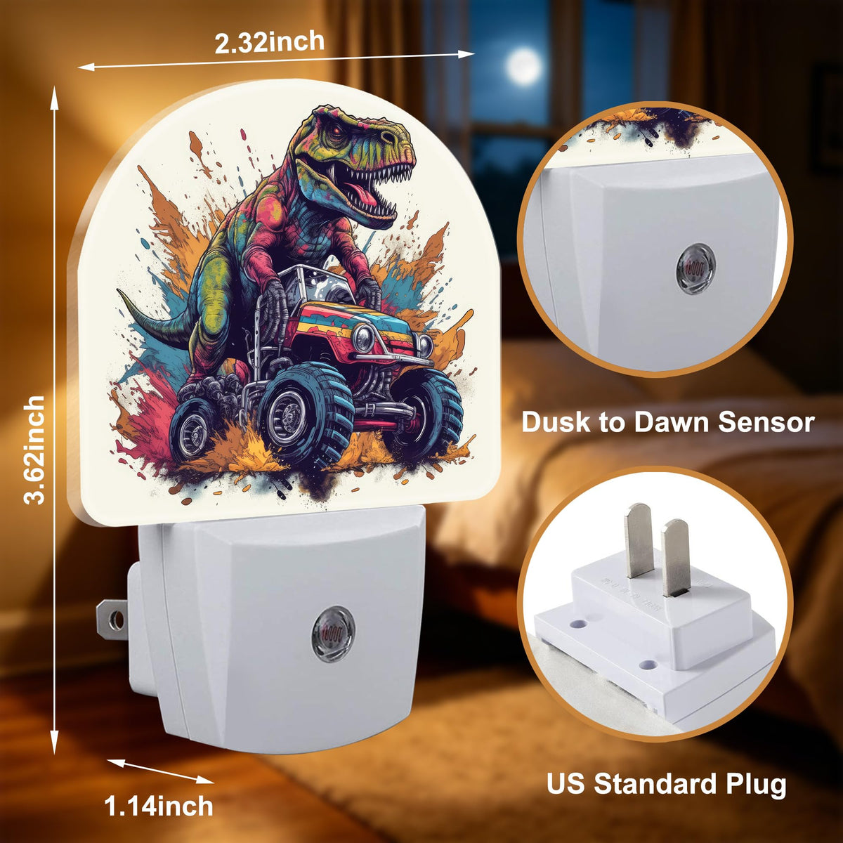 Night Light Dinosaur Truck Night Lights Plug into Wall with Dusk to Dawn Smart Sensor for Bedroom Bathroom Hallway Kitchen (Dinosaur Truck)