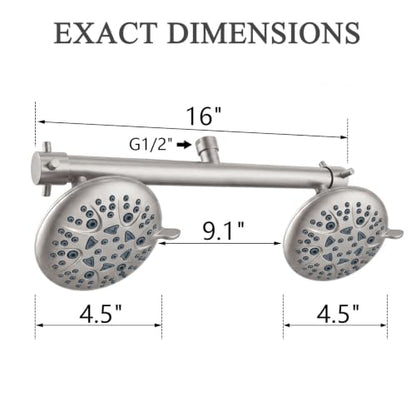 16" Wide Dual Shower Head for Two People