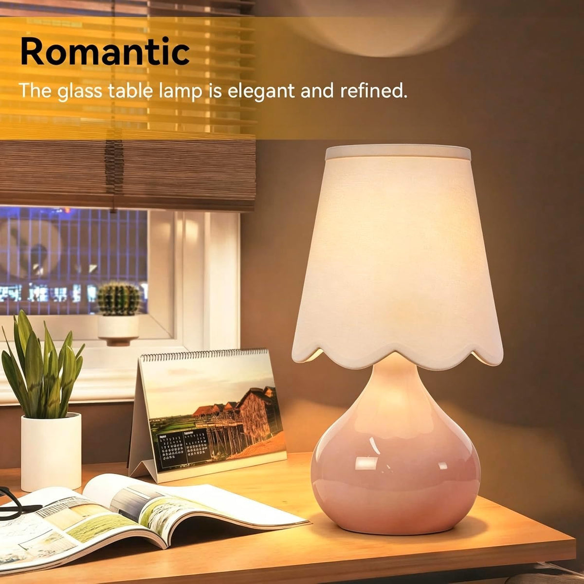 Pink Table Lamp Small Gold Bedside Lamps Dimmable Boho Bedroom Lamp with Tulip Flower Lamp Shade (Table Lamp--6)