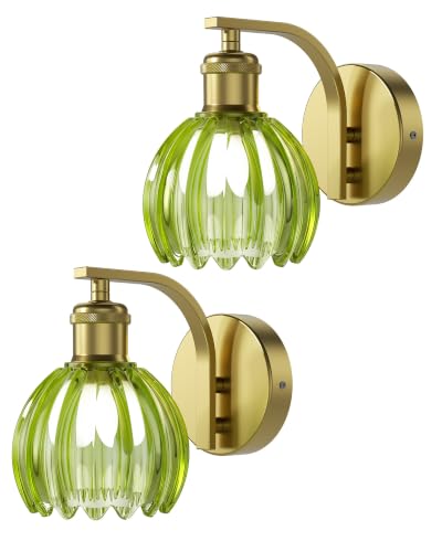 Vintage Brass Hardwired Wall Sconces with Green Tulip Glass Shade