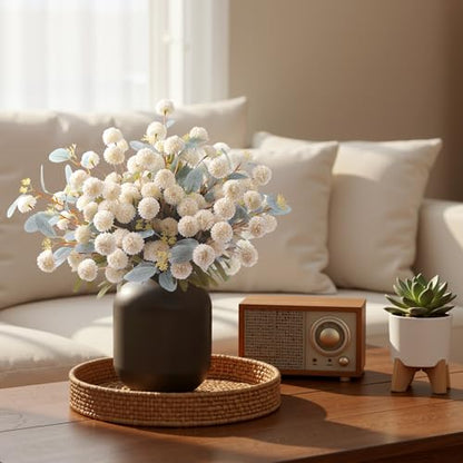16Pcs Faux Silk Mums Artificial Flowers with Eucalyptus White (White)