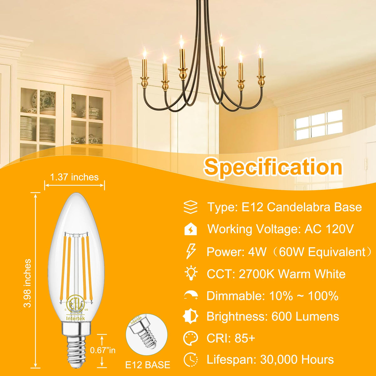 24 Pack E12 Chandelier LED Light Bulbs 60W Equivalent 2700K Warm White (24 Count (Pack of 1))