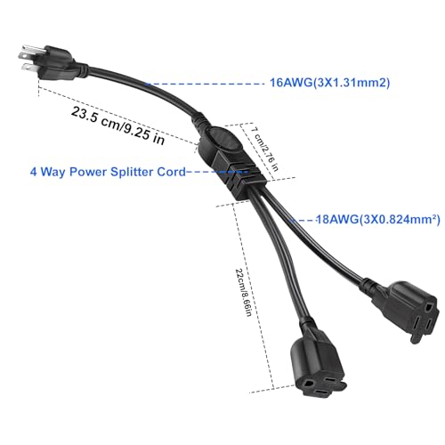 1625W Power Cord Splitter 3 Prong Outlet Extender Cable for Outdoor Indoor