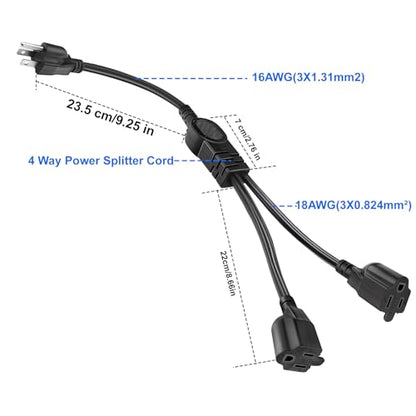 1625W Power Cord Splitter 3 Prong Outlet Extender Cable for Outdoor Indoor