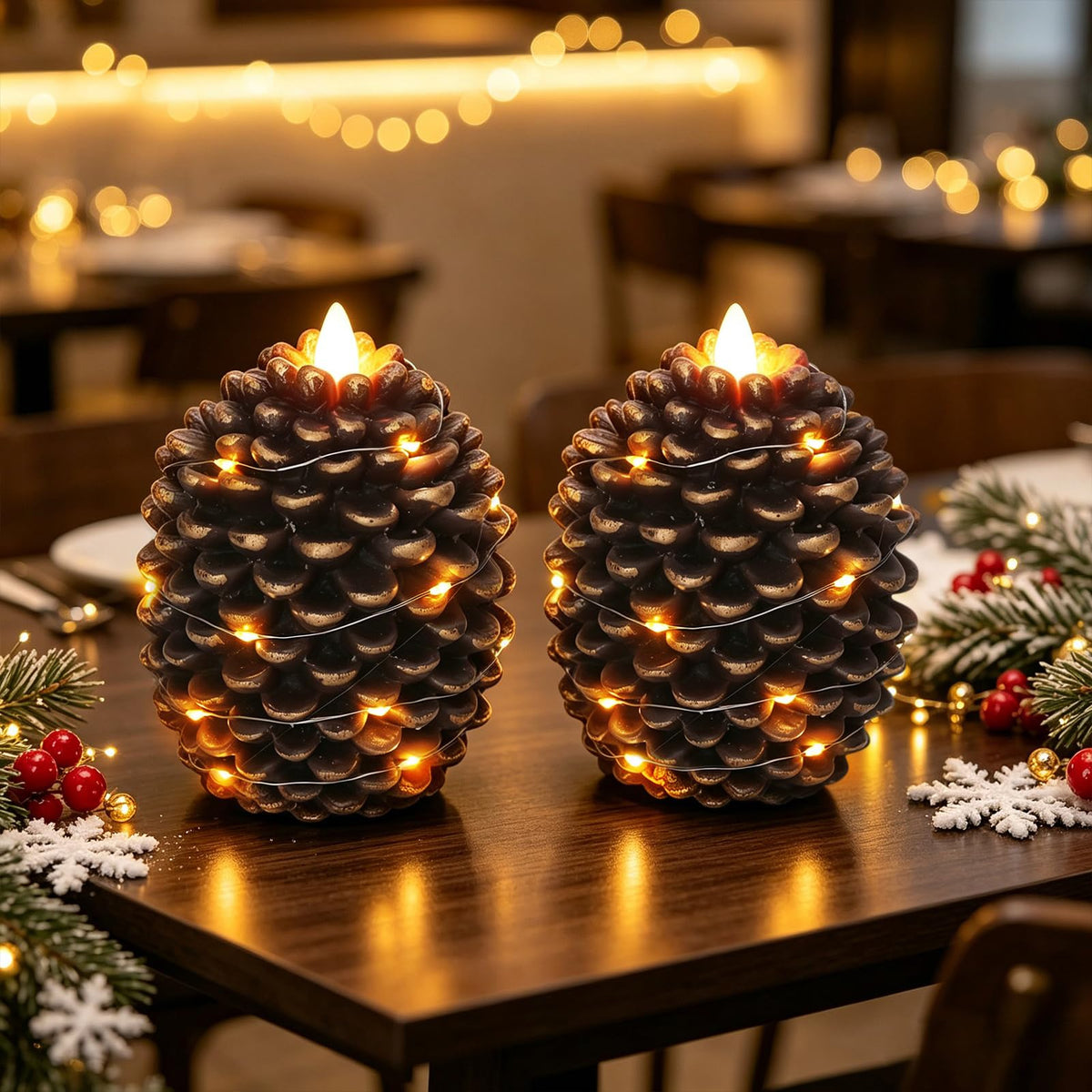 Pine Cone Flameless Candles with 6H Timer String Lights (2-Gold)