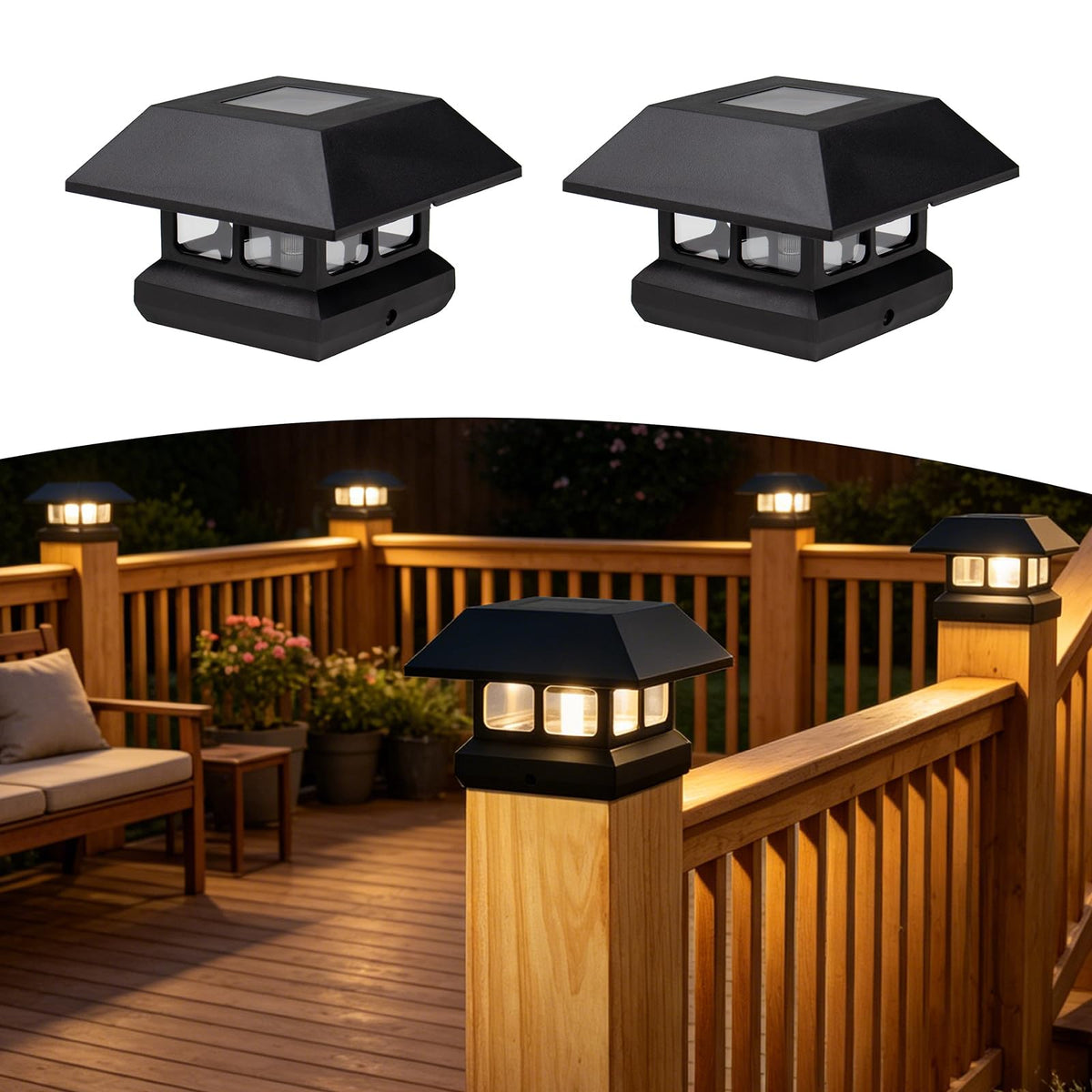 Solar Post Cap Lights for 4x4 & 3.5x3.5 Posts (Black / 2PACK)