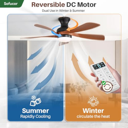 52 Inch Smart Ceiling Fans with Lights and Remote (Black+Brown / 52inch Max)