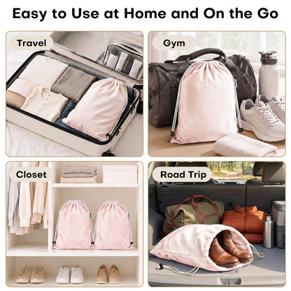 4 Pack Velvet Cloth Shoe Bags for Travel & Packing for Women & Men (Light Pink)