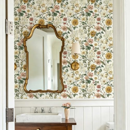 Floral Peel and Stick Wallpaper Vintage Floral Contact Paper Boho Flower Wallpaper Peel and Stick Removable Self Adhesive Wall Paper for Cabinets Bathroom Decorative Vinyl