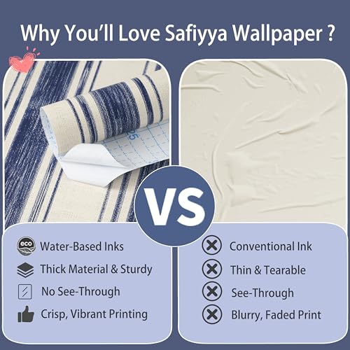 Wallpaper Peel and Stick Blue and Cream White Striped 17.3"x197" Vintage Hand (Blue and Cream White / 17.3" x 197")