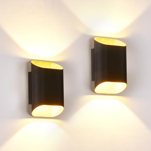 Black & Gold 7.9" Up & Down Indoor Outdoor LED Wall Sconce (Black&Gold / 2 pack)