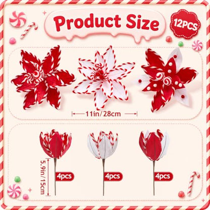 12 PCS Red Candy Cane Poinsettia Picks Artificial Xmas Flower Decor (Red)