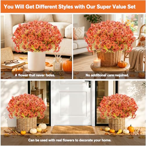 13 Bundles Artificial Fall Flowers Fake Mums for Outdoor (Sunset Orange / Artificial Flowers(13 Pcs))