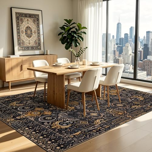 Washable Area Rug 5×7 for Living Room (Black and Gold / 5' x 7' (Rectangular))