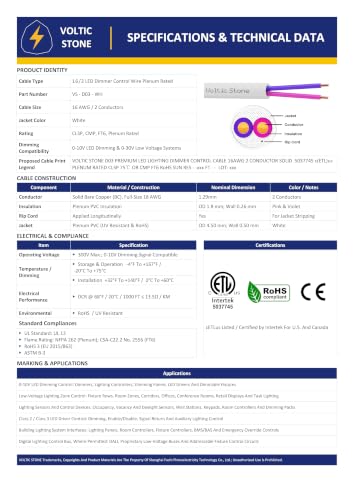 16/2 0-10V Dimming Dimmer LED Switch Wire, Full-Size 16 AWG Solid Bare Copper Control Cable, ETL Listed CL3P Plenum Rated Flame-Retardant, Pink & Purple, for 0–30V Low Voltage System