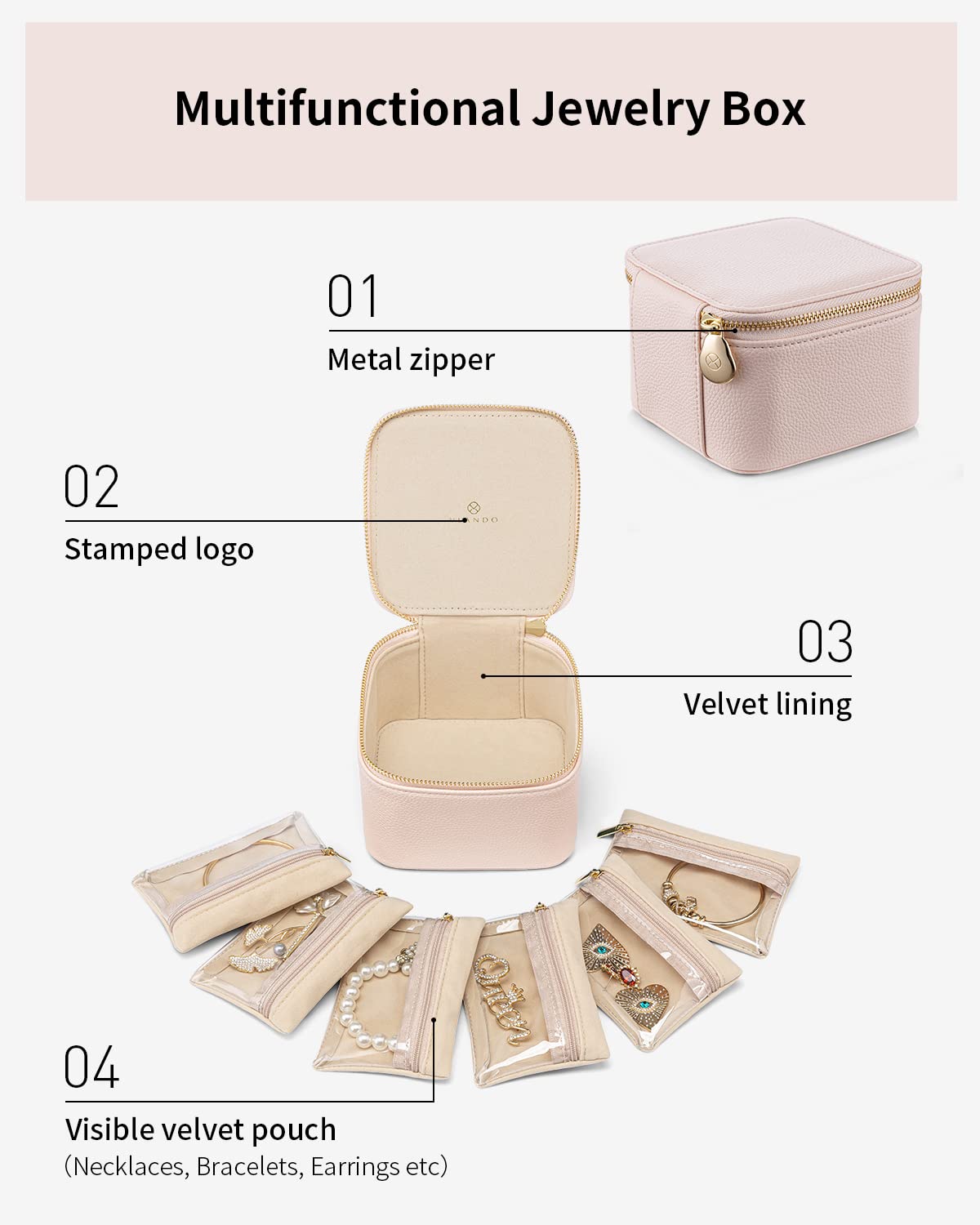 Travel Jewelry Case with 6 Clear Velvet Zipper Pouches (B.6 PCS Pink)